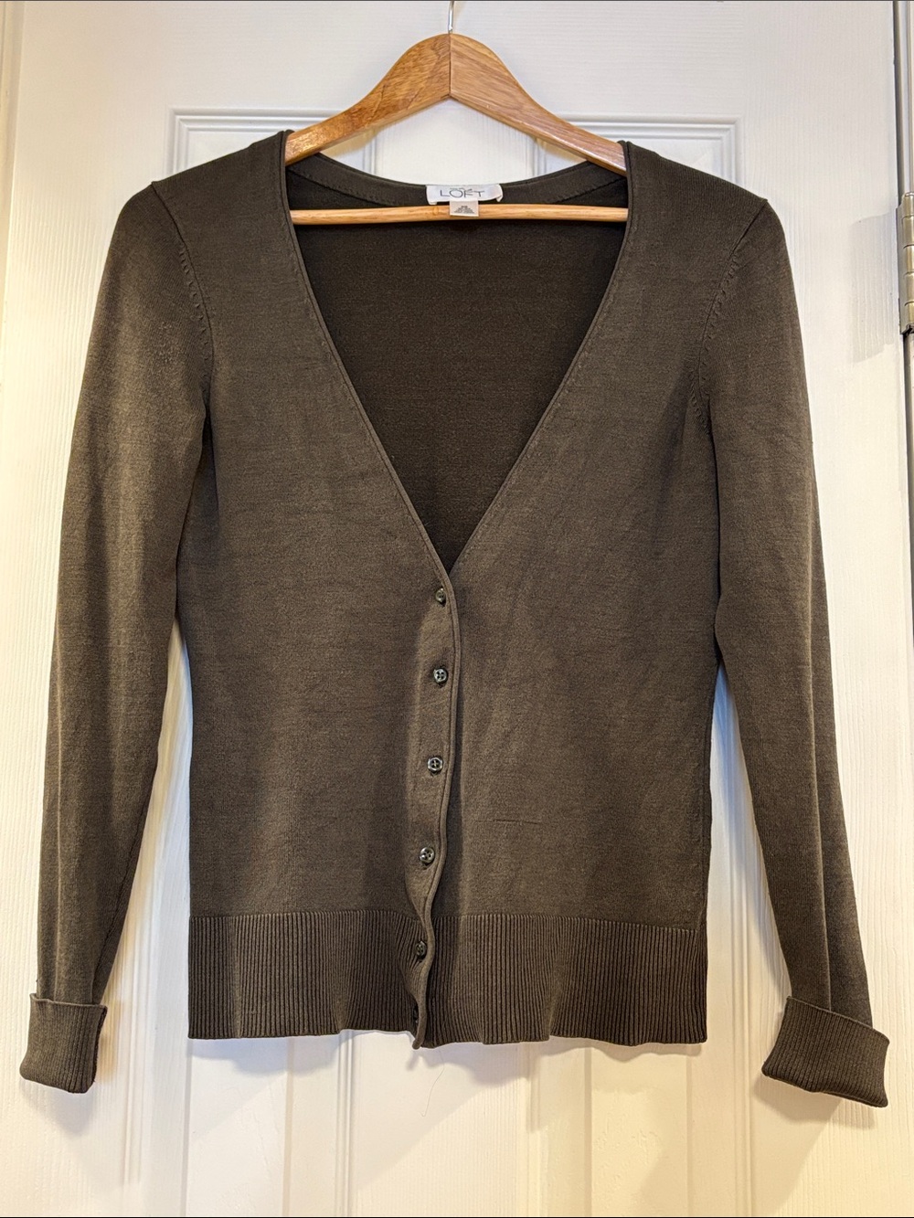 LOFT Olive Green silk blend V-Neck Button-Up Cardigan